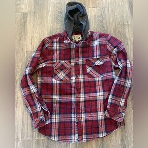 Free Planet LS Full Button Plaid Flannel Shirt w/ Detachable Hood - Size XL
